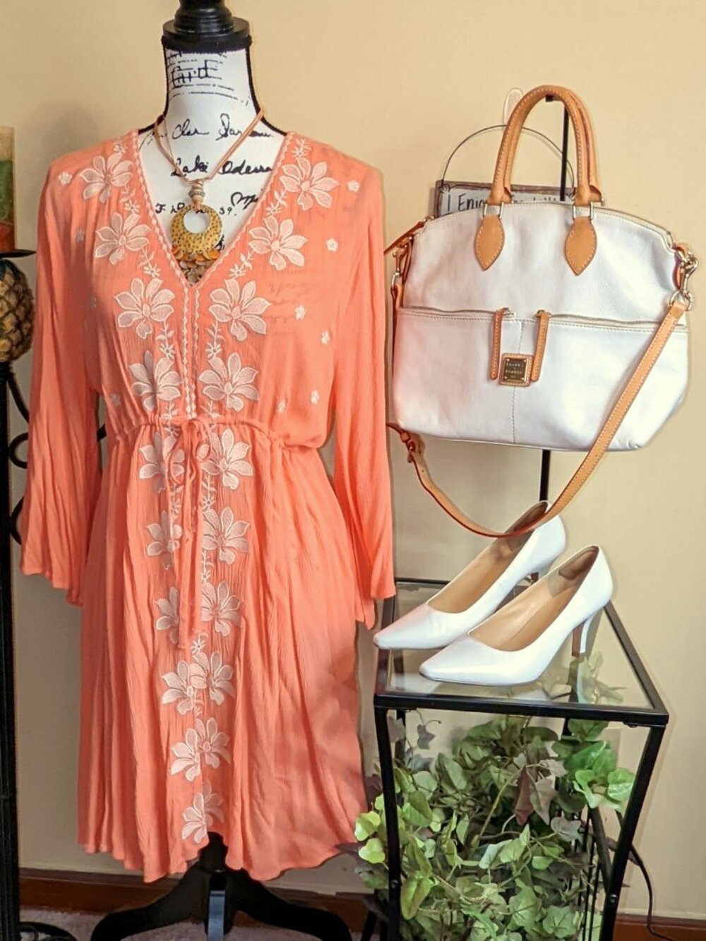 Umgee Bright Apricot and White Floral Gauze Dress Size L – Pretty!